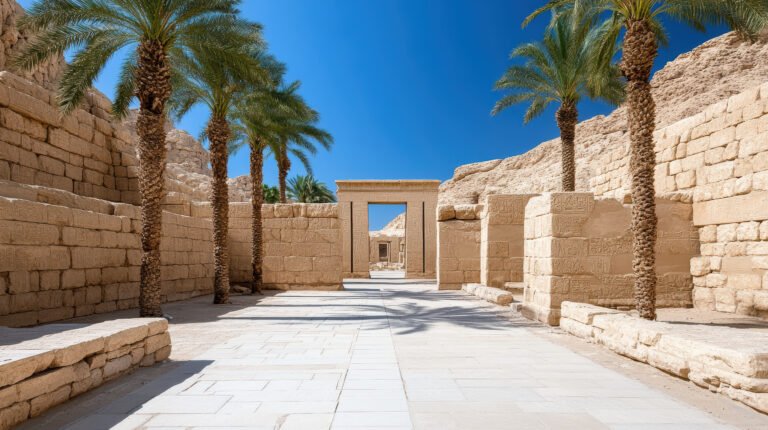 gogo tour Destinations A serene view of ancient stone ruins framed by tall palm trees