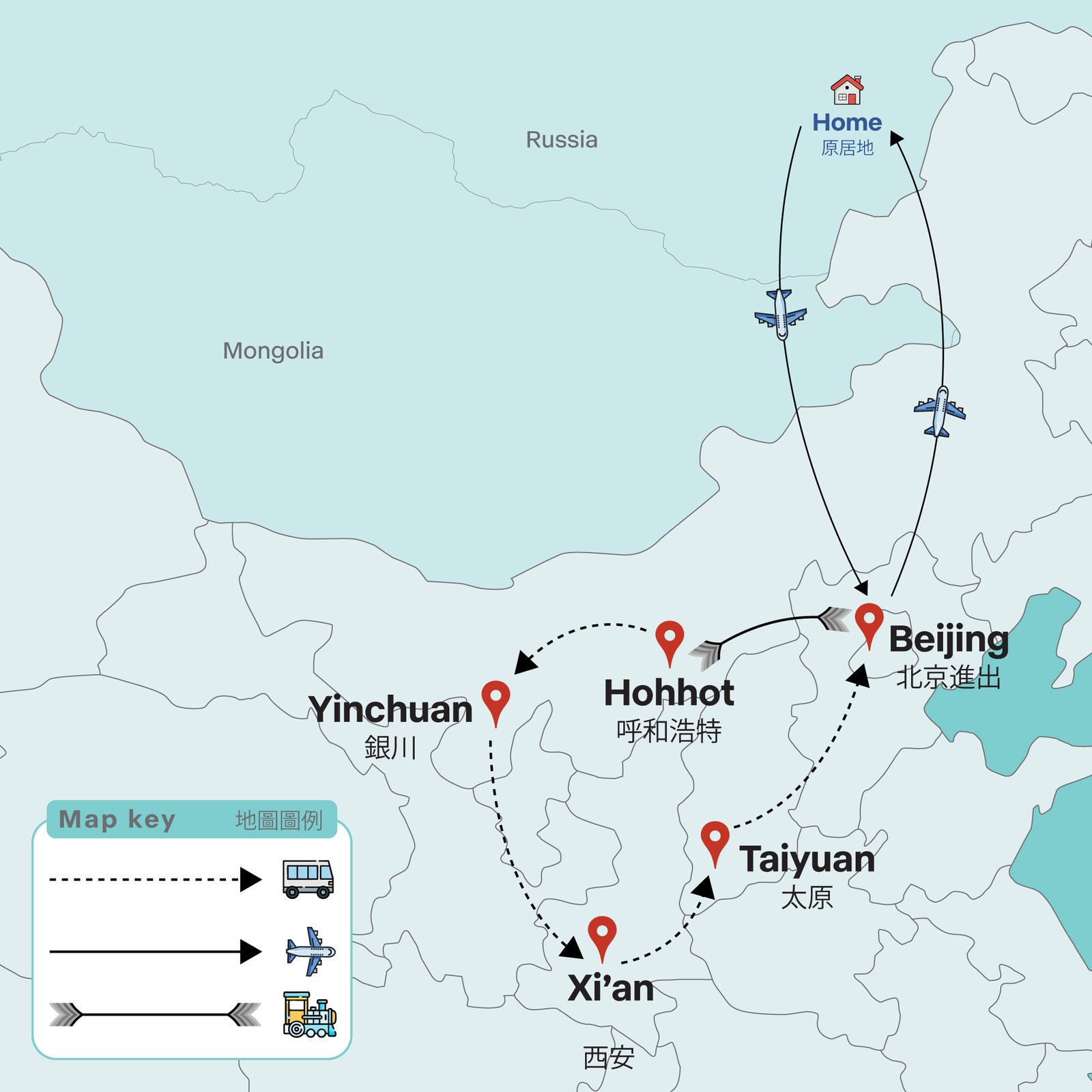 China Silver Ring Tour itinerary map showing Inner Mongolia, Ningxia, Shaanxi, Shanxi