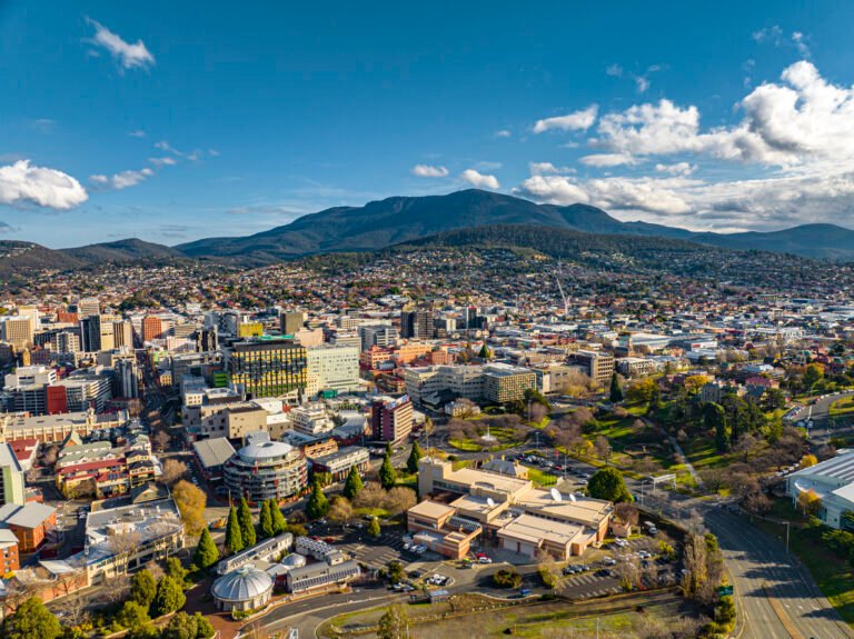 Aerial view of Hobart city with Mount Wellington in the background
