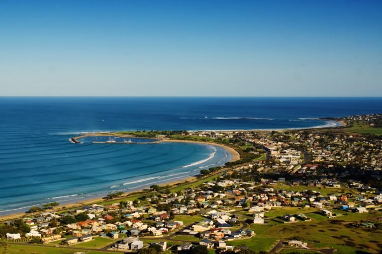 Aerial view of Apollo Bay, a coastal town in Victoria, Australia.