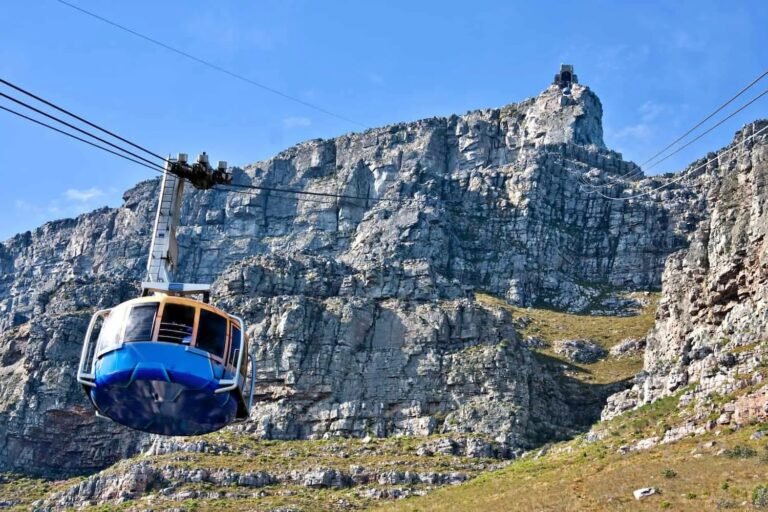 Cable car ascending Table Mountain in Cape Town.