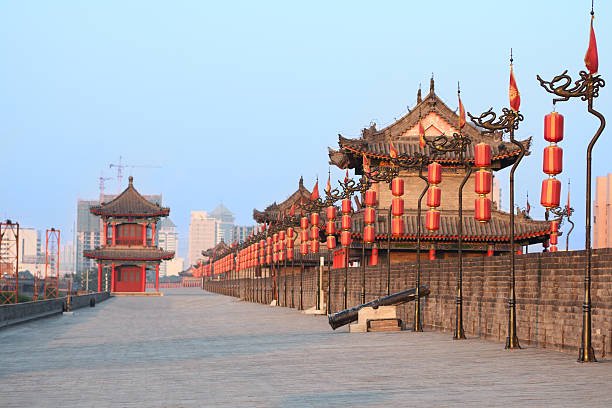 Xi'an City Wall with traditional Chinese architecture and lanterns.
