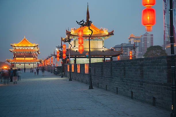 Xi'an City Wall with illuminated lanterns at dusk
