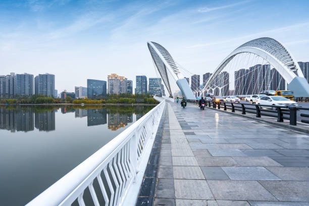Modern bridge in Taiyuan with urban skyline