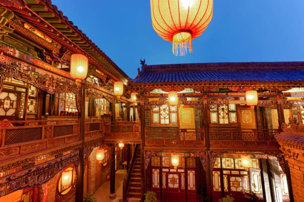 Traditional courtyard with Chinese lanterns in Pingyao Ancient City.