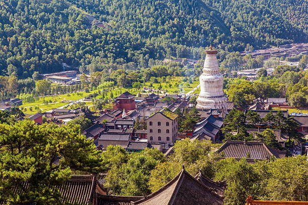 Aerial view of Wutai Shan with a prominent white pagoda.