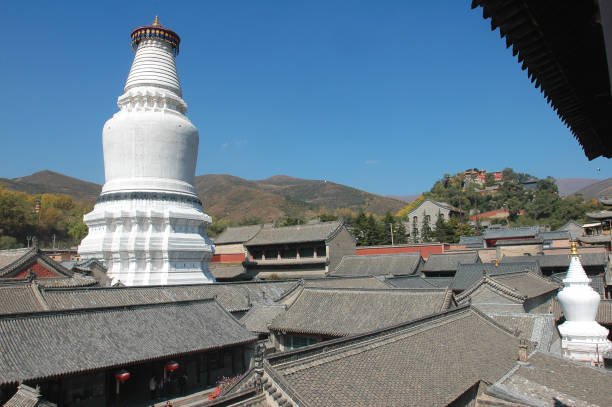 White pagoda at Wutai Shan amidst traditional Chinese architecture