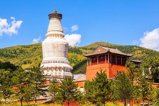 White pagoda at Wutai Shan with mountains in the background