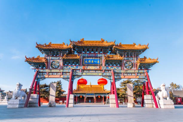 Dazhao Temple gate in Inner Mongolia with red lanterns