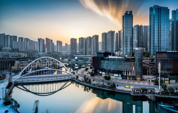 Modern skyline of Guiyang with river and bridge