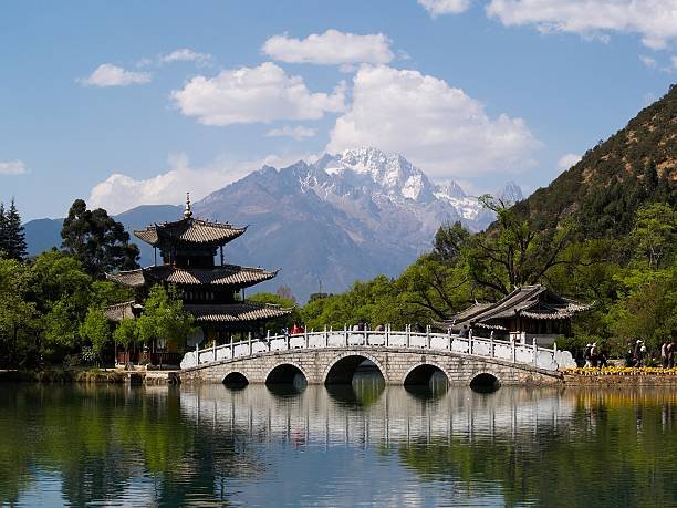 Traditional bridge over lake at Black Dragon Pool Park with mountain backdrop