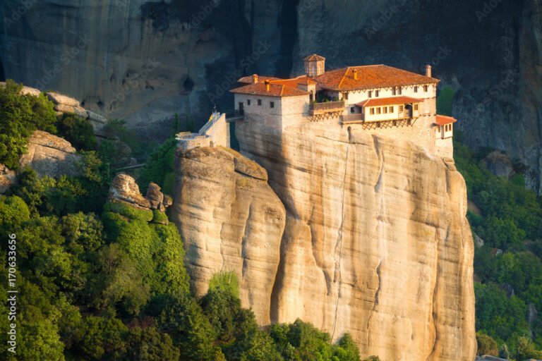 Monastery perched on a rock formation in Meteora, Greece