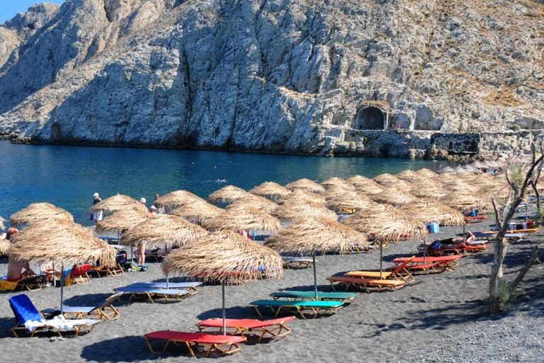 Kamari Beach Santorini Greece golden sand Aegean Sea GoGo Tours