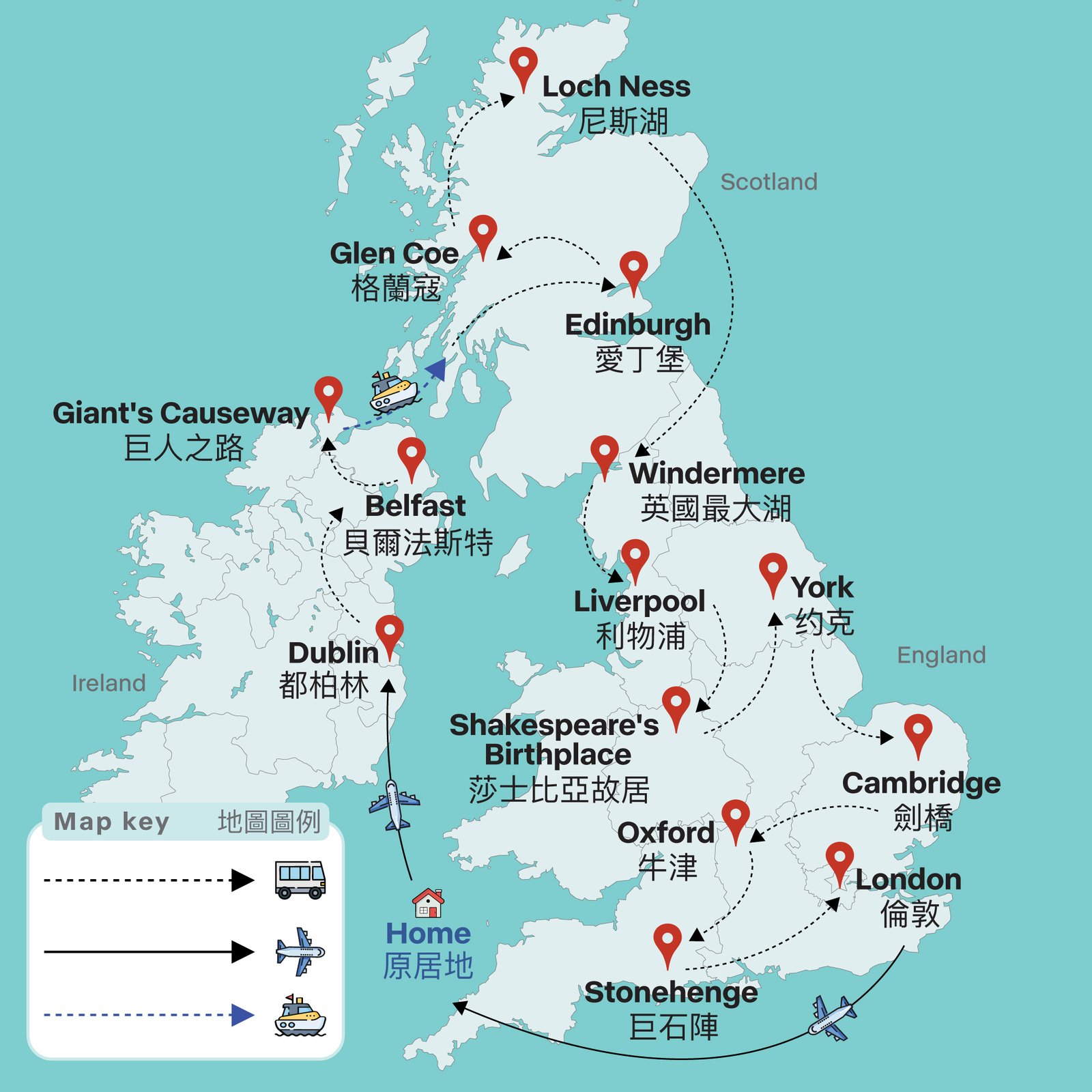 Itinerary map England Scotland Northern Ireland Ireland 11-day tour GoGo Tours