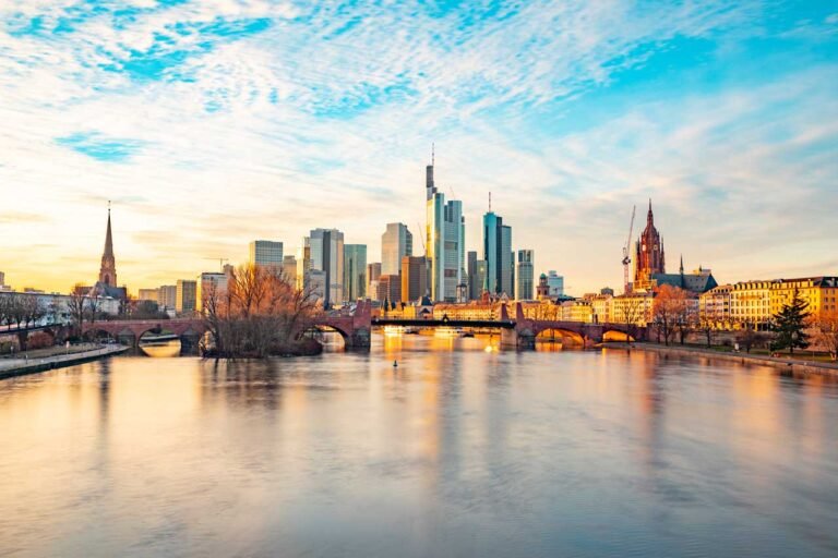 Frankfurt skyline with Main River and skyscrapers
