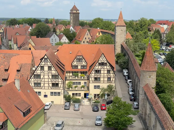 Aerial view of historic Rothenburg ob der Tauber with medieval architecture.