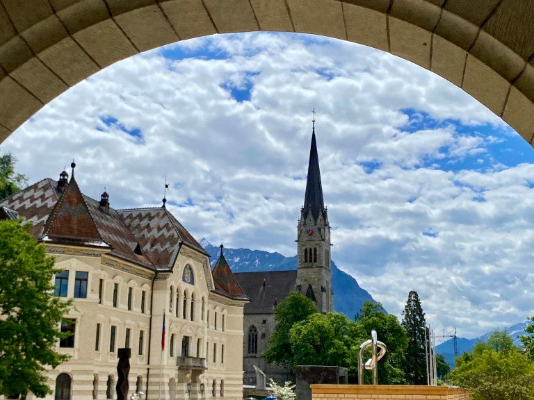 Vaduz cityscape with historic buildings and church spire