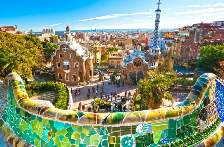Colorful mosaic terraces in Park Güell, Barcelona.
