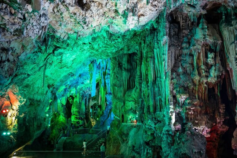 St. Michael’s Cave in Gibraltar with colorful lighting