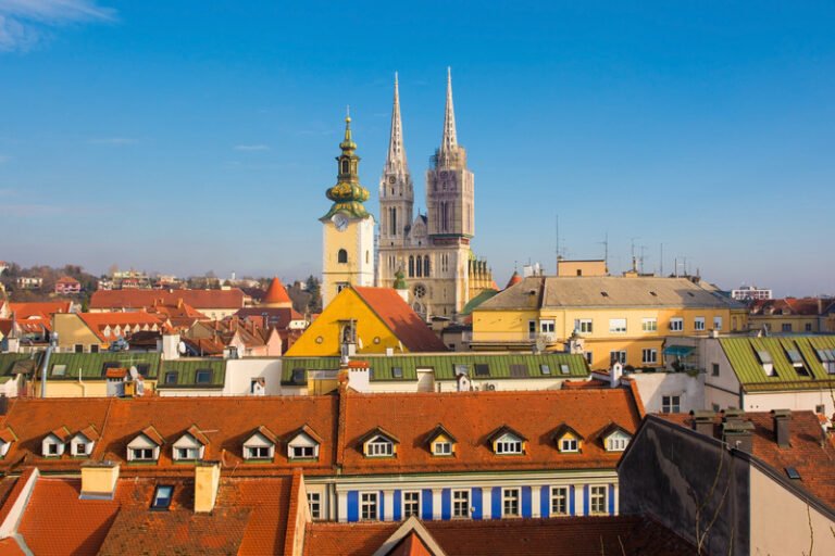 Rooftop view of Zagreb Cathedral and cityscape
