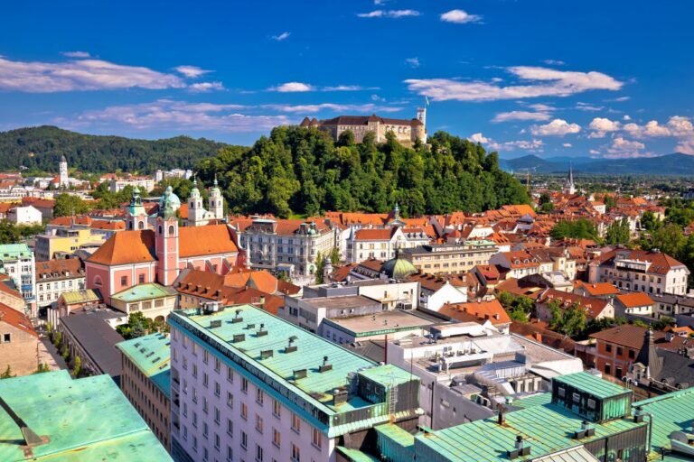 Aerial view of Ljubljana Castle and cityscape.