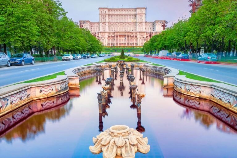 Bucharest Palace of Parliament with fountain view