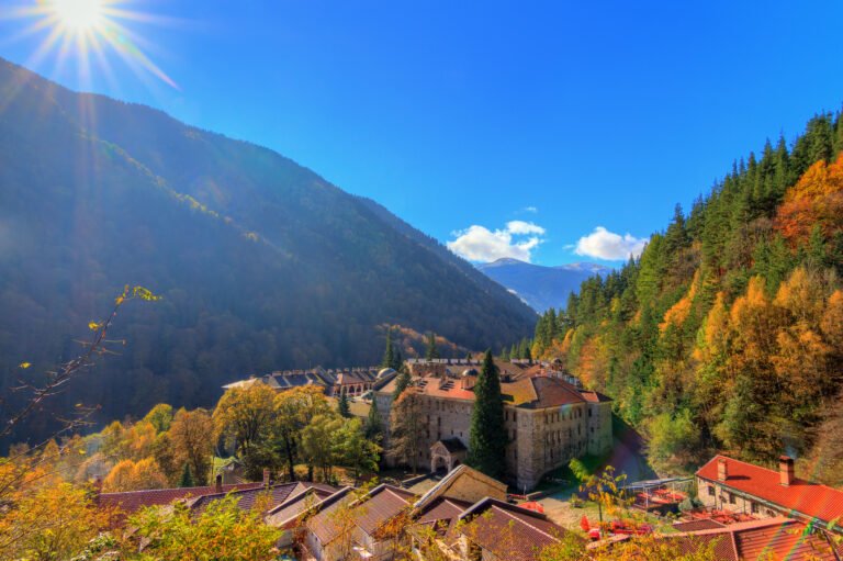 Rila Monastery nestled in the Balkan Mountains during autumn.