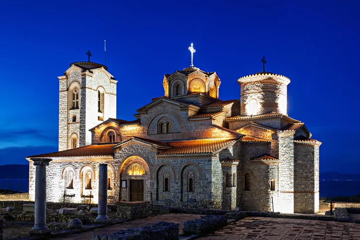 St. Panteleimon Monastery illuminated at night