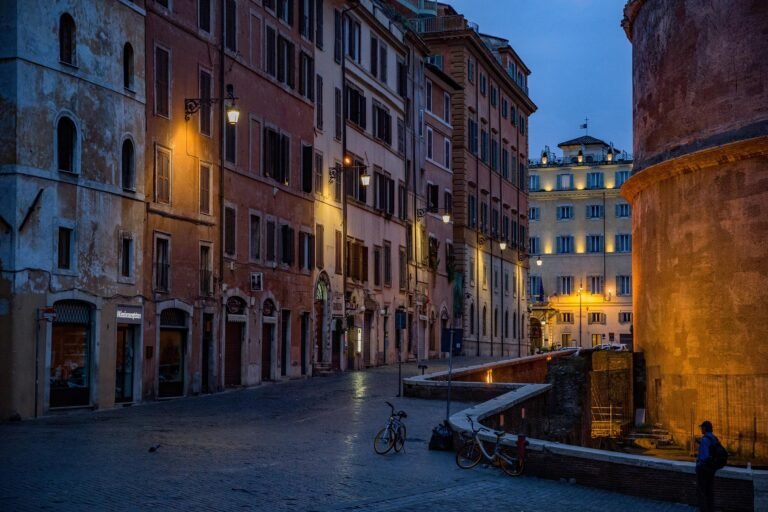 Historic European street at dusk with Italian architecture