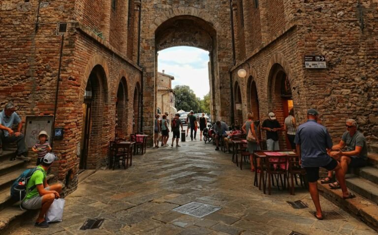 Historic archway street scene in San Gimignano