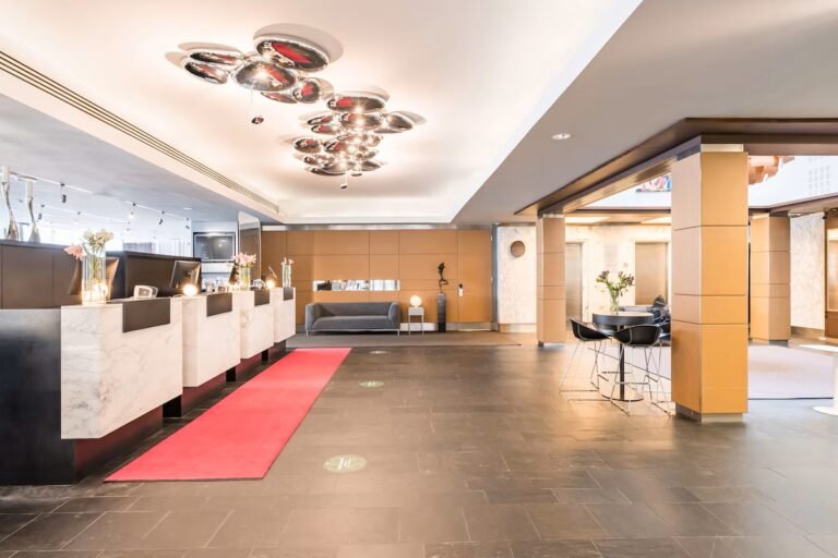 Modern hotel lobby with sleek design in Helsinki.