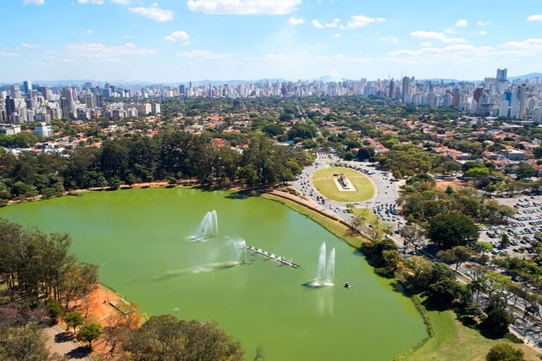 Aerial view of Ibirapuera Park with lake and cityscape in São Paulo.