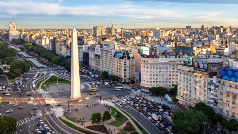 Aerial view of Obelisco de Buenos Aires and Avenida 9 de Julio.