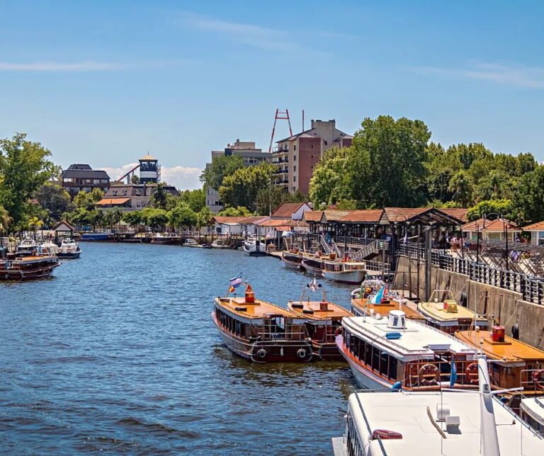 Boats docked at the Tigre Delta with buildings and trees in the background.